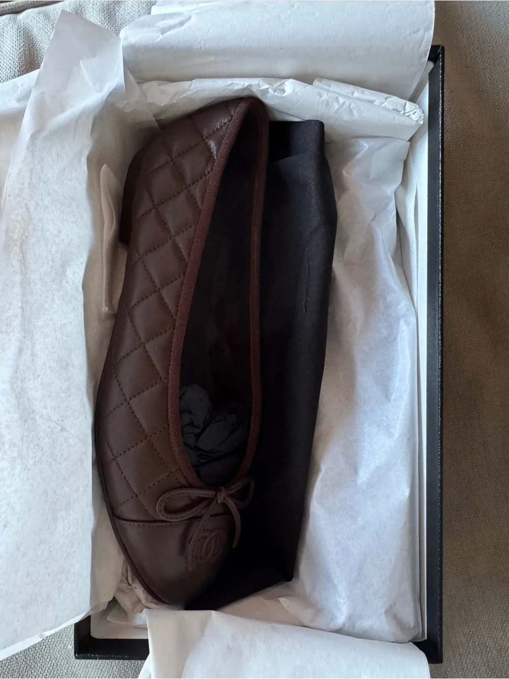 NWT Chanel 26B Chocolate Dark Brown Lambskin Quilted CC Ballet Ballerina Flat 40
